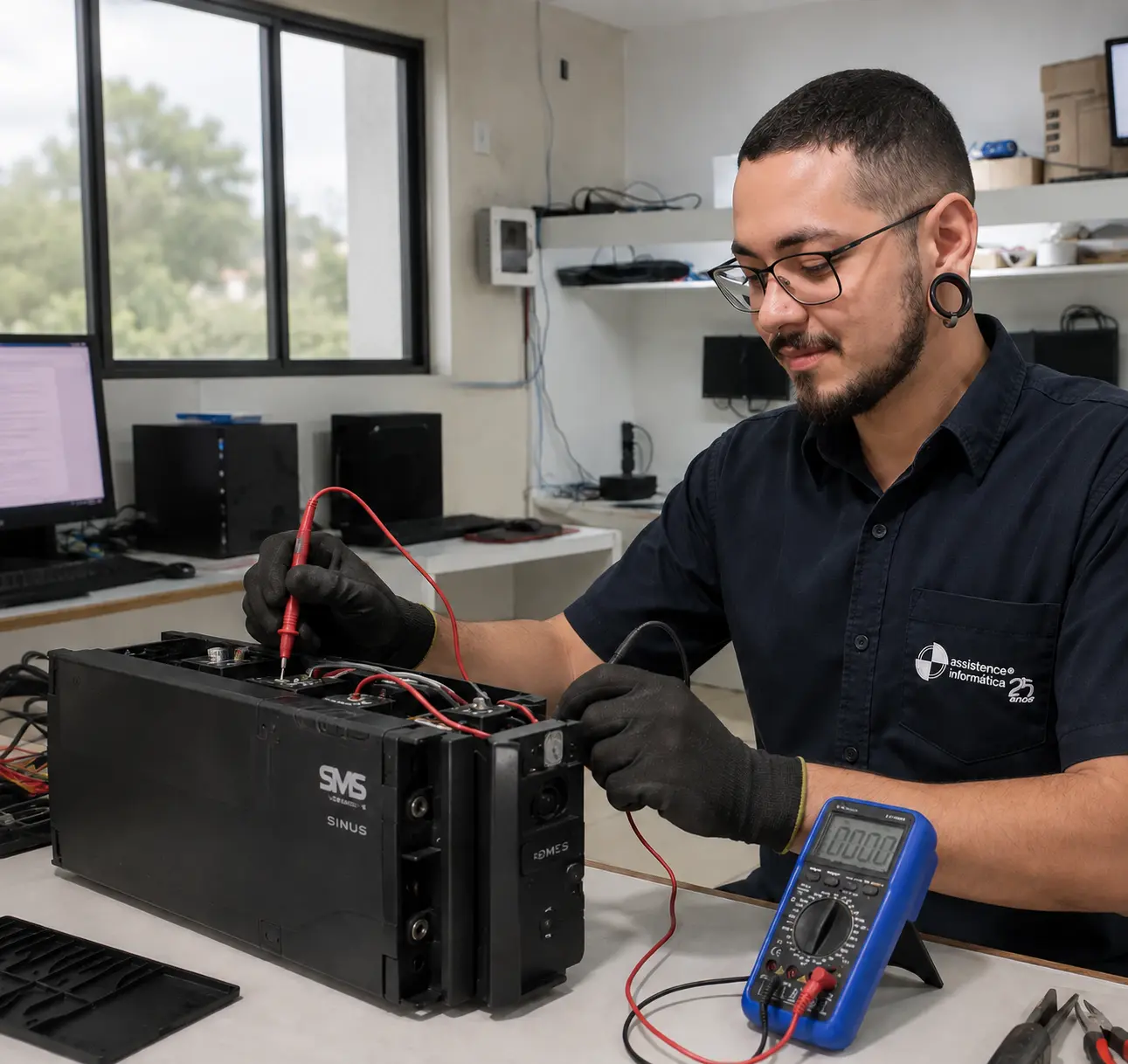 Técnico da Assistence Informática realizando manutenção em nobreak
