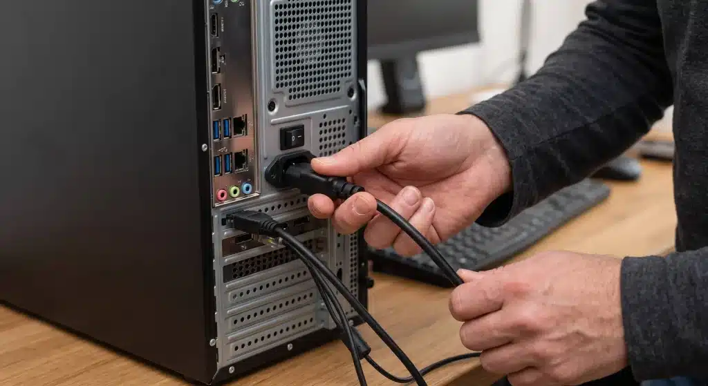 Pessoa verificando o cabo de energia na parte traseira do computador de mesa para descobrir por que o computador não liga